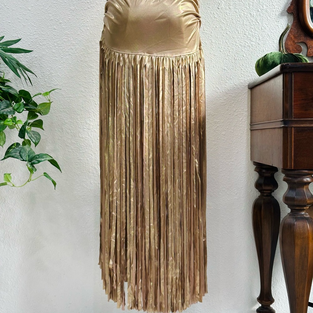 Gold Fringe Satin Evening Dress - Picture 8 of 8